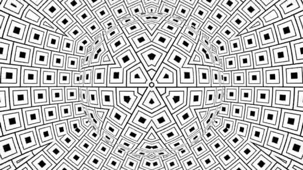 Černobílé monochromatické optické iluze s geometrickým vzorem, surrealistické hypnotické bezešvé smyčkové pohybové pozadí, psychedelické trendy dekorativní nereálné iluzorní iluze 3d podání animace.
