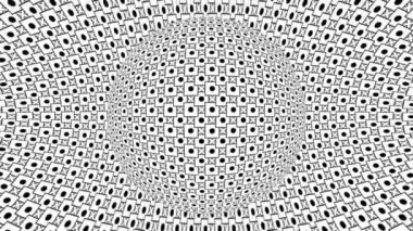 Geometrik desenli siyah beyaz tek renkli optik illüzyon, sürreal hipnotik dikişsiz döngü hareketli arka plan, psikedelik moda dekoratif gerçek dışı illüzyon 3d canlandırmalı animasyon.