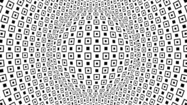 Geometrik desenli siyah beyaz tek renkli optik illüzyon, sürreal hipnotik dikişsiz döngü hareketli arka plan, psikedelik moda dekoratif gerçek dışı illüzyon 3d canlandırmalı animasyon.