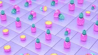Egzotik tropikal Hawaii pembe trend anananasları, tatlı olgun meyve, vegan sağlıklı beslenme, yaz partisi animasyon arka planı, tatlı ananas soyut sanat, 3D render grafik tasarımı, kusursuz döngüler