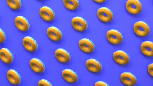 スプリンクル甘いドーナツと青釉 白い霜降りドーナツ おいしい不健康なデザートアニメーションの背景 3Dレンダリング抽象アート ドーナツナショナルデー グルメフードグラフィックデザイン — ストック動画