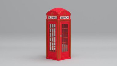 Kırmızı İngiliz kentsel telefon kulübesi, dikişsiz döngü, hareketli arka plan, dönen Londra telefon kulübesi veya ankesörlü telefon 3d görüntü 1080p, ünlü klasik İngiltere iletişim kulübesi..