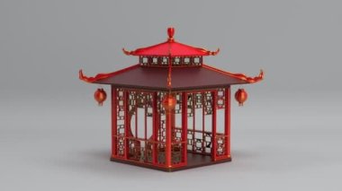 Bahçede dönen Asya ahşap çardağı, Çin çardağı ya da doğu köşkü dikdörtgen döngüsüz döngü animasyonu, 3D canlandırma arkaplanı.