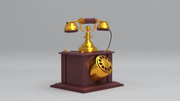 旋转的褐色和金黄色老式木制电话带绳索无缝环线动画背景 古董电话通讯技术概念3D渲染视频Hd 1080P — 图库视频影像