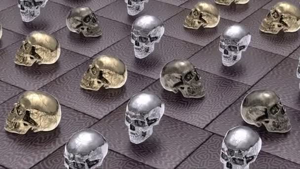 Mänskliga Realistiska Metalliska Skallar Day Dead Och Happy Halloween Semester — Stockvideo