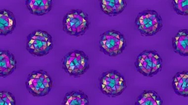 Mor arkaplanda dönen holografik yanardöner metalik küreler. 3 boyutlu kusursuz döngülü yaratıcı animasyon. Geometrik desen ve geleceksel hareket grafiği, teknolojik tasarım elementi.