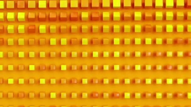 在橙色背景上移动黄色立方体 时髦的最小3D循环动画 具有正方形块的创造性几何图案 超现实明亮的炎热夏季现代无缝背景 — 图库视频影像