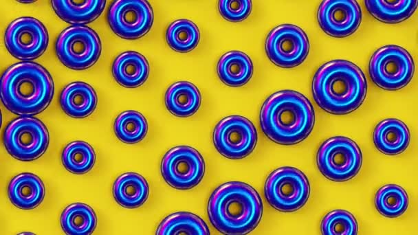 Bewegende Holografische Blauwe Ringen Gele Achtergrond Trendy Minimale Looping Animatie — Stockvideo