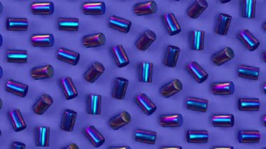 Karanlık zemin üzerinde hareket eden holografik menekşe silindirler, modaya uygun minimum 3d döngü animasyonu, yanardöner şekilli yaratıcı geometrik parlak desen, sürreal çağdaş parlak fon.