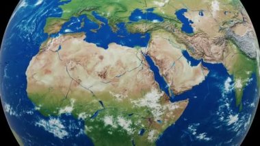 Apokaliptik tahrip olmuş Dünya gezegeni kırılgan enkaz ve kırık parçalarla parçalandı, uzaydan bakıldığında harap olmuş, dönen gerçekçi dünya küresi, kıyamet konsepti 3 boyutlu arka plan.