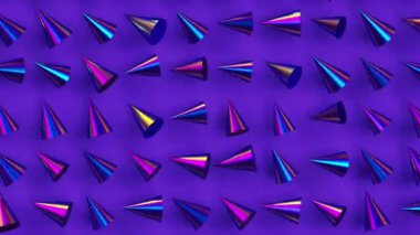 Mor arkaplan üzerinde holografik menekşe konileri, modaya uygun minimum 3d döngü animasyonu, yanardöner piramit şekilli yaratıcı geometrik desen, sürreal çağdaş dikişsiz arkaplan.