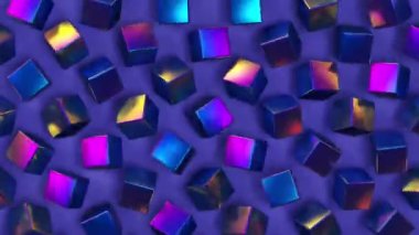 Mavi arkaplanda hareket eden holografik menekşe küpleri, modaya uygun asgari 3d döngü animasyonu, yanardöner kare kutularla yaratıcı geometrik desen, sürreal parlak modern modern dikişsiz arkaplan.