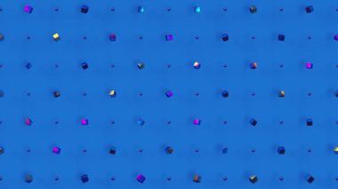 Mavi arkaplanda hareket eden holografik küpler, en az üç boyutlu döngü animasyonu, yanardöner küreler ile yaratıcı geometrik desen, sürreal parlak modern çağdaş dikişsiz fon.