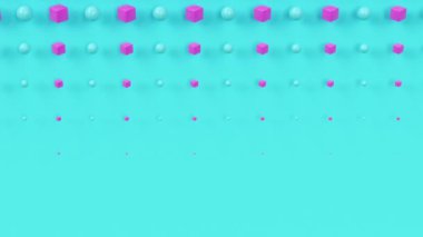 Mavi arkaplanda hareket eden küreler ve küpler, modaya uygun minimum 3d döngü animasyonu, geometrik şekilli yaratıcı şablon, sürreal parlak modern dikişsiz fon.