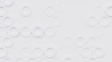 Yuvarlak hareketli geometrik şekiller kusursuz döngü 3D animasyon, daireler kabarcıklar halkalar veya noktalar, animasyonlu basit moda deseni, soyut dekoratif tasarım.