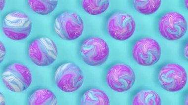 Mavi arka planda dönen boya lekeleri olan mineral değerli taşlar. 3 boyutlu kusursuz döngülü yaratıcı animasyon. Geometrik kalıp ve modern hareket grafiği, moda tasarım ögesi.