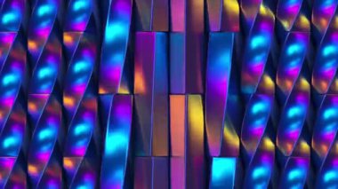 Koyu arkaplanda dönen holografik yanardöner metalik parlak şekiller. 3 boyutlu kusursuz döngülü yaratıcı animasyon. Geometrik desen ve geleceksel hareket grafikleri, moda tasarım ögesi.