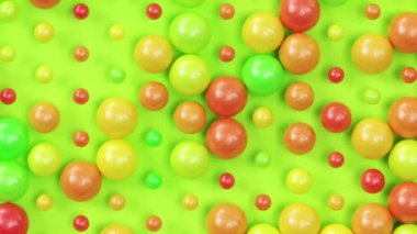 Yeşil arkaplanda renkli küreler, modaya uygun minimum 3d döngü animasyonu, kabarcıklı yaratıcı geometrik desen, sürreal çağdaş parlak fon.