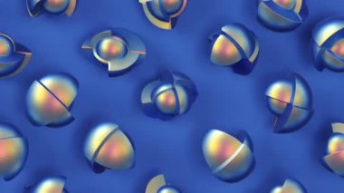 Mavi arka planda dönen holografik yanardöner parlak teknolojik küreler. 3 boyutlu kusursuz döngülü yaratıcı animasyon. Geometrik desen ve geleceksel hareket grafiği, moda tasarım ögesi.