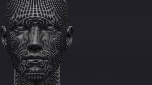 人間の顔メッシュ 未来的なサイバー金属ヘッド デジタル技術 スマートマシンコンセプト 人工知能 3Dレンダリングイラスト コピースペースで暗い背景 — ストック動画