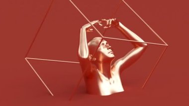 Modern minimal trend sürreal 3D çizim, çekici manken modeli, genç insan karakter heykeli, parlak metalik zarif kadın, dönen fütürist bakır büst.