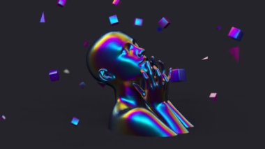 Modern minimal trend sürreal 3d çizim, çekici manken modeli, insan genç karakter heykeli, holografik metal yanardöner neon kadın, yüz ve kafa portresi.