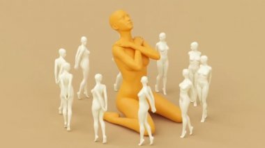 Modern asgari trend sürreal 3d canlandırma, çekici manken modeli, insan genç karakter heykeli, eşsiz bireysel konsept, katlanmış eller, güzel kadınlar, dönen klonlar.