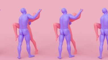 Modern, modaya uygun, gerçeküstü 3D canlandırma, çekici manken modeli, genç insan karakter heykeli, dans eden romantik çift, aşk ve tutku konsepti, zarif dans.