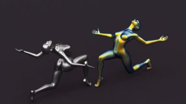 Modern minimal trend sürreal 3D canlandırma, çekici manken modeli, insan genç karakter heykeli, metalik holografik karanlık dansçı, bale performansı, iki güzel kadın..