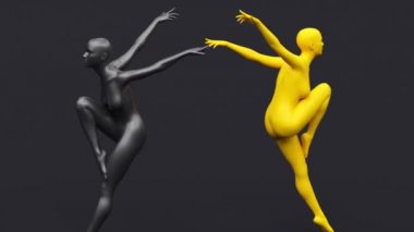 İnsan çıplak, genç, zarif poz figürü, stüdyo 3D resim, soyut sanat tasarımı animasyonu, moda mankeni duruşu portresi, dans eden balerin, zıplayan güzel kadın..