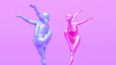 Modern, modaya uygun, gerçeküstü 3D canlandırma, çekici manken modeli, genç insan karakter heykeli, zıplayan adam ve kadın, balerin, romantik konsept..