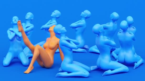 現代の最小限のトレンディーなシュールな3Dレンダリングイラスト 魅力的なマネキンモデルをポーズ 人間の若い文字像 異なる個々のユニークなコンセプト 座っている青エレガントな美しいかなり女性 — ストック動画