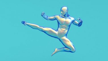 Modern minimal trend sürreal üç boyutlu tasvir çekici manken modeli, genç insan karakter heykeli, kung fu dövüşçüsü, atletik dövüş gücü güçlü atlama dövüşçüsü.