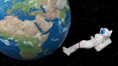 Gerçeküstü uçan uçan astronot ya da uzay giysisi içindeki kozmonot, fütürist bilim kurgu kozmik galaktik arka plan, 3D modern çağdaş yaratıcı animasyon, Dünya gezegeni..