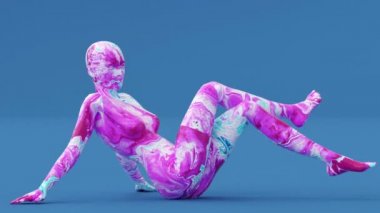 Suluboya desenli oldukça zarif bir kadın, 3D canlandırma animasyonu, genç manken dans modeli, renkli sanatsal lekeli güzel mutlu bayan..