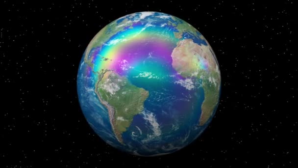 地球の日の休日 カラフルな虹の反射 宇宙からの眺め 宇宙を飛んでいる地球の地球 3Dレンダリングの背景 シームレスなループアニメーションで夜空に地球惑星を回転させる — ストック動画