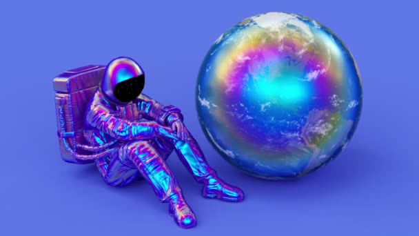 Suprareal Neon Holografic Violet Astronaut Sau Cosmonaut Sau Spațial Costum — Videoclip de stoc