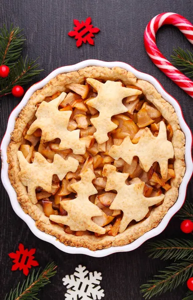 Apple Pie Christmas Decoration Christmas Tree Cookies Black Bakground Top — Stock Photo, Image