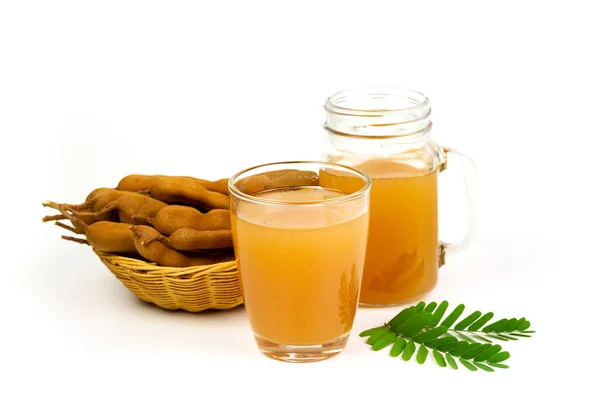 Tamarind Juice Glass Tamarind Fresh Tropical Fruit Wicker Basket Leaf — Stock Photo, Image