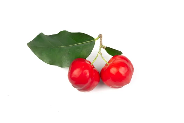 Beyaz arkaplanda yaprak izole edilmiş Acerola Cherry veya Barbados Cherry.