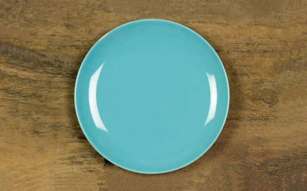 Empty Blue Ceramic Plate Wooden Rustic Table Top View — Stock Photo, Image