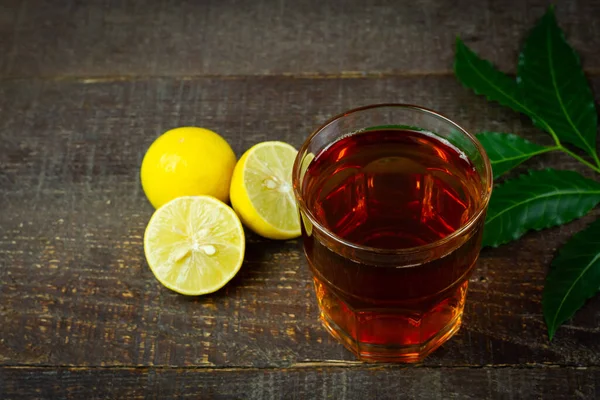 Neem Tea Transparent Glass Neem Leaf Lemon Rustic Wooden Background — Stock Photo, Image