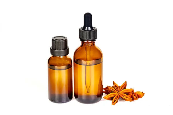 Anýzový Esenciální Extrakt Aromaterapeutický Olej Láhvi Suchým Anýzem Hvězda Květiny — Stock fotografie