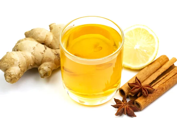 Glass Tea Ginger Lemon Cinnamon Sticks Star Anise Isolated White — Stock Photo, Image