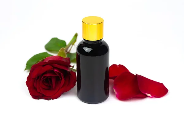 Rose Oil Glass Bottle Red Rose Flower Isolated White Background — Stock Photo, Image