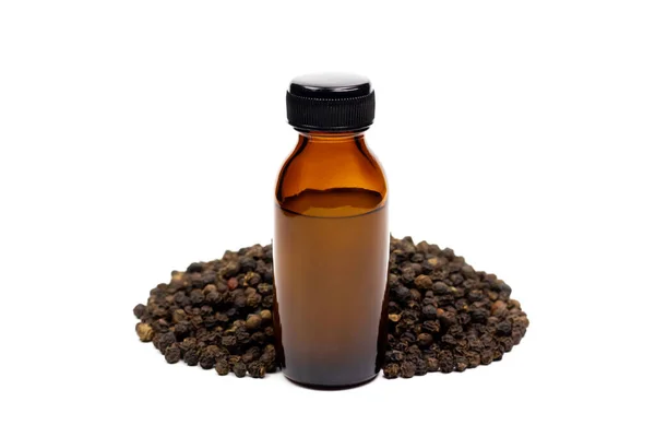 Black Pepper Essential Oil Glass Bottle Pile Peppercorn Isolated White — Stock Photo, Image