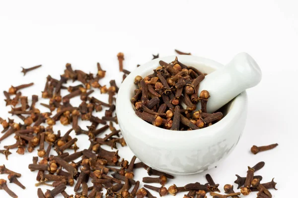 Cloves White Mortar Pestle Isolated White Background Herbal Cloves Have — Stock Photo, Image