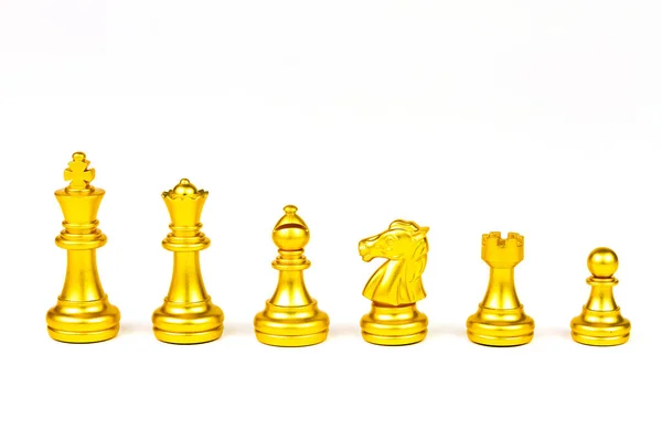 Set Gouden Schaakfiguren Geïsoleerd Een Witte Achtergrond Schaken Een Spel — Stockfoto
