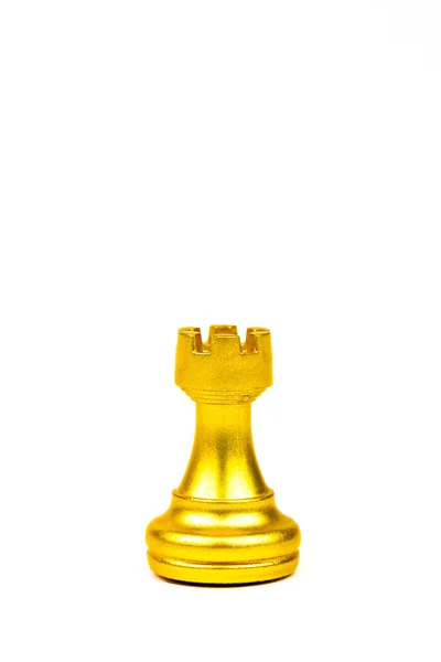 Gold Rook Schackfigur Isolerad Vit Bakgrund Chess Ett Krigsspel Att — Stockfoto