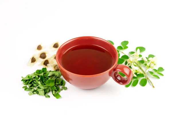 Чай Moringa Красной Чашке Свежим Зеленым Листом Цветком Изолированы Белом — стоковое фото